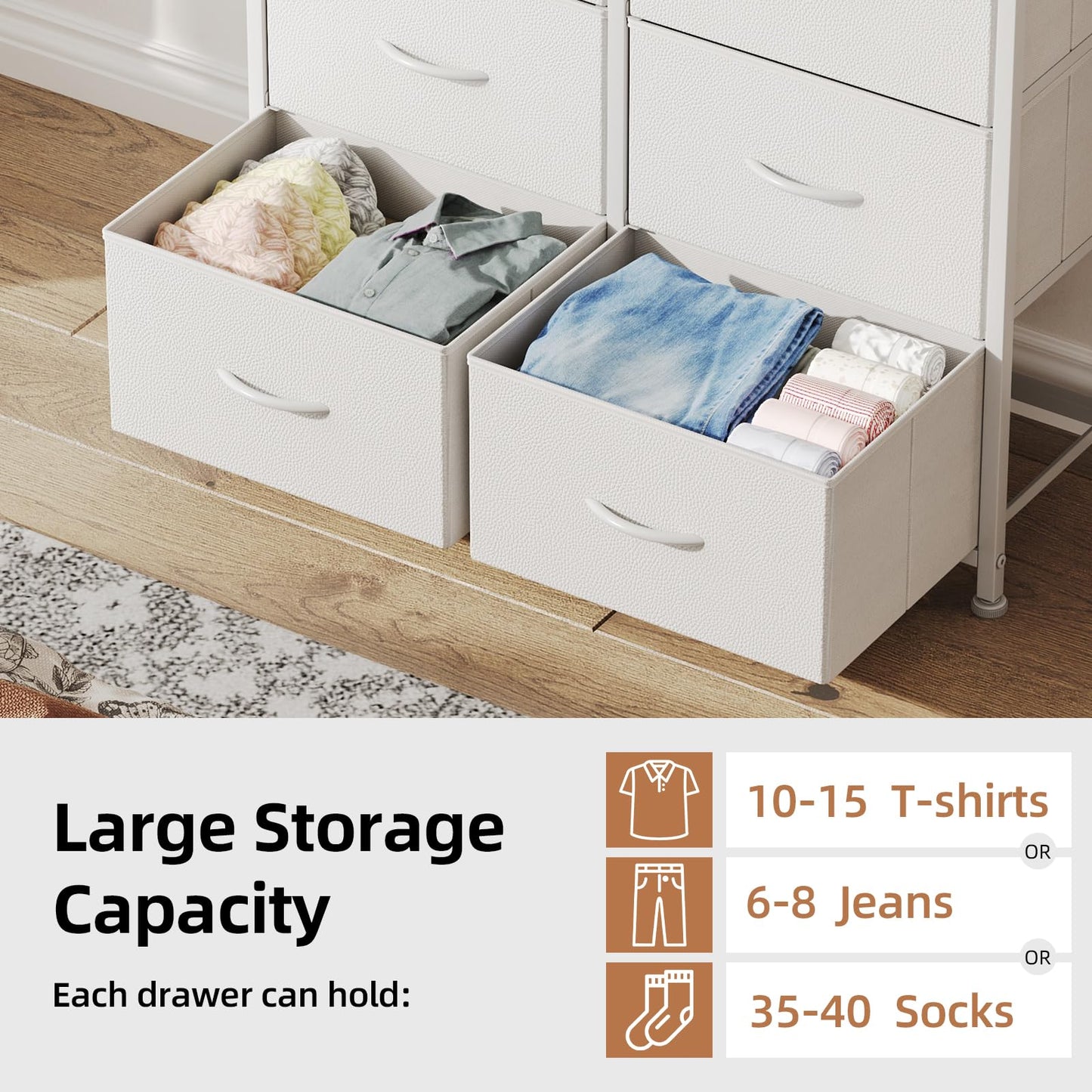 MUTUN 8 Drawers Chest of Drawers, Fabric Storage Dresser Vertical with Spacious Wooden Tabletop & Sturdy Metal Frame Large Storage Space for Bedroom