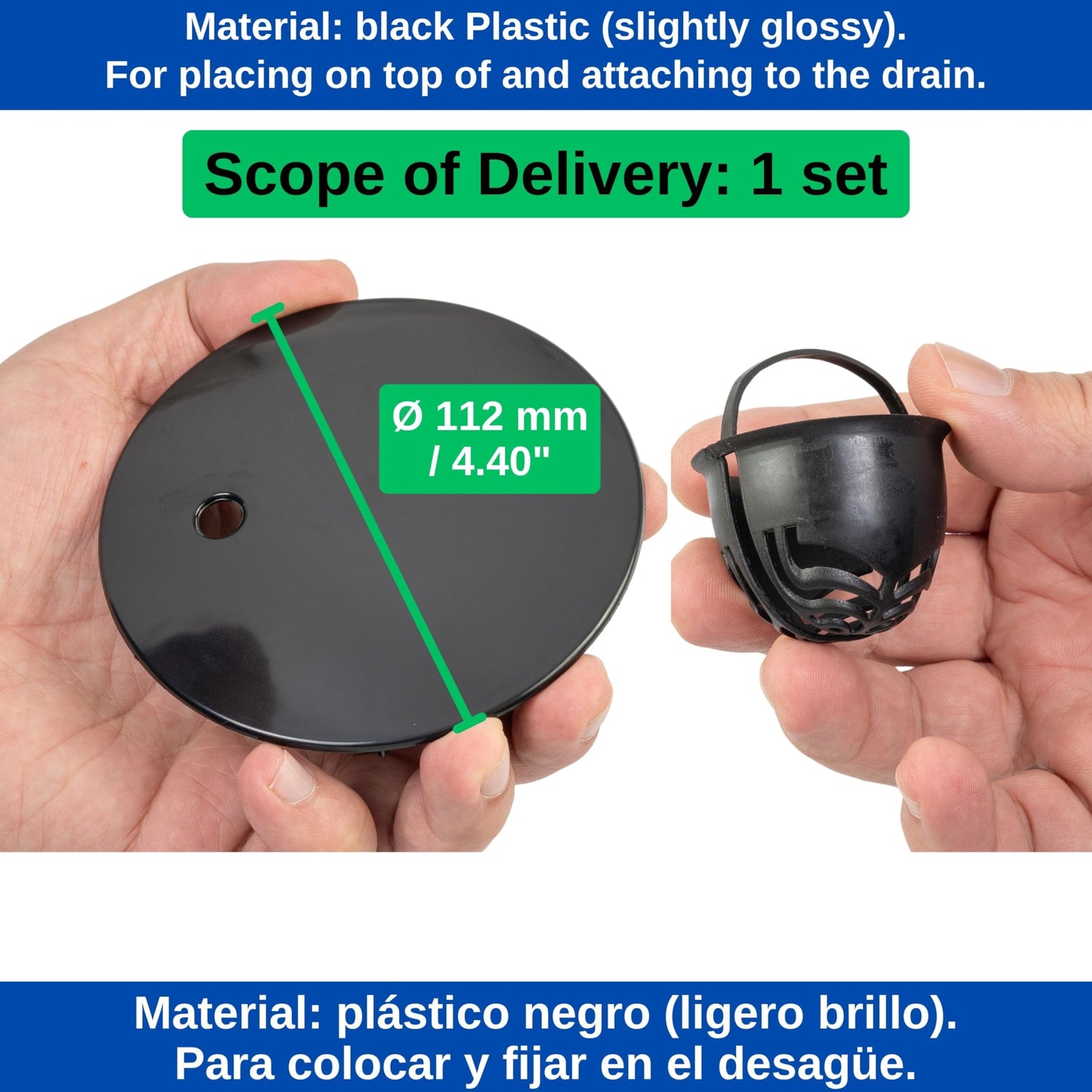 Cover Set with Hair Strainer for Shower Drain, Ø 112 mm, Compatible with Viega Tempoplex Drain Year 2001-2006, Black ABS ASA Cover, Hair Filter