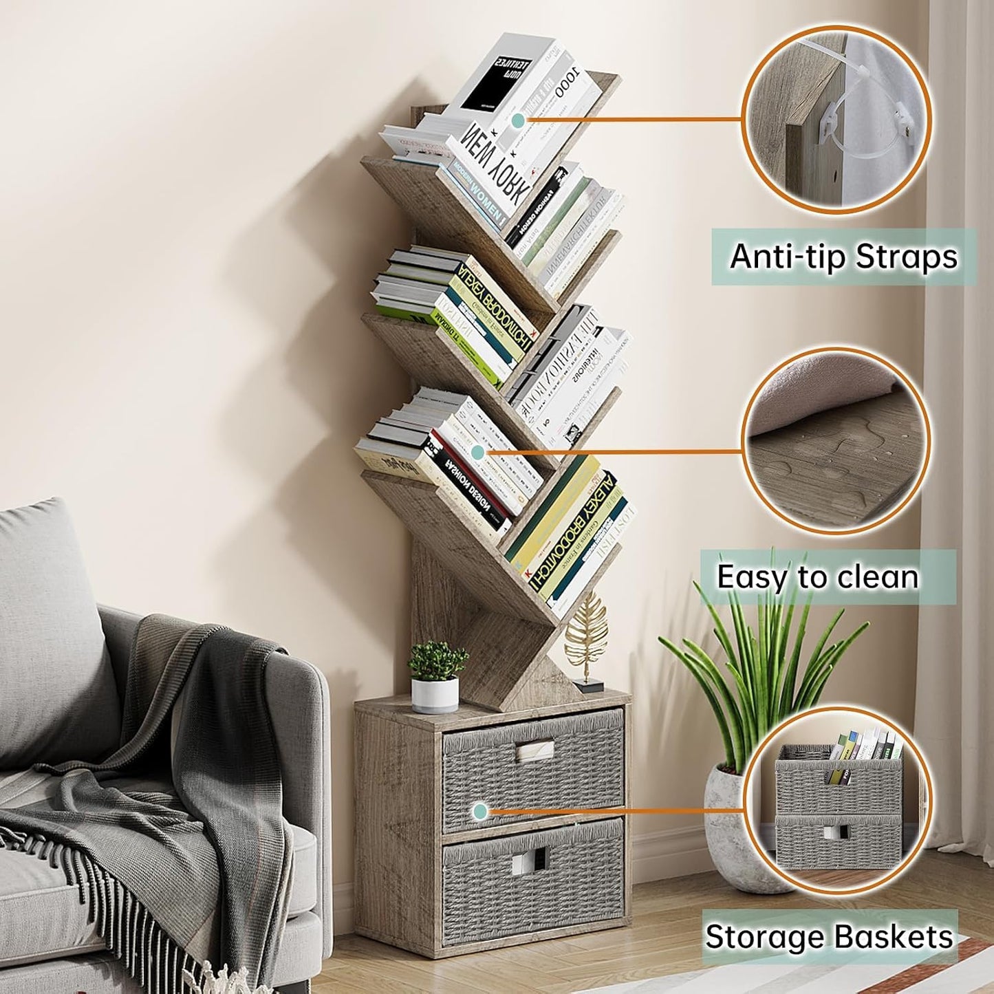 Vagusicc 6 Tier Tree Bookshelf, Modern Floor Standing Bookcase with Storage Drawer, Space Saving Storage Organizer Book Shelves for Books
