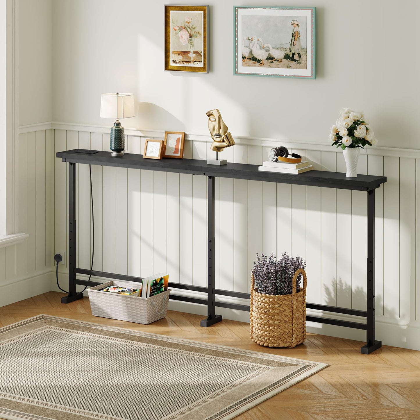 YATINEY 15 cm Slim Console Table, Height-Adjustable Behind Sofa Table, 200 cm Hallway Table, Narrow Long Sofa Table with Power Outlet