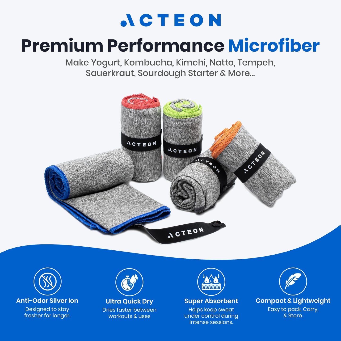 Acteon Microfiber Quick Dry Gym Towel, Silver ION Odor-Free Mega Absorbent Fiber (5-Pack), Fast Drying, Men & Women Small Workout Gear for Body Sweat