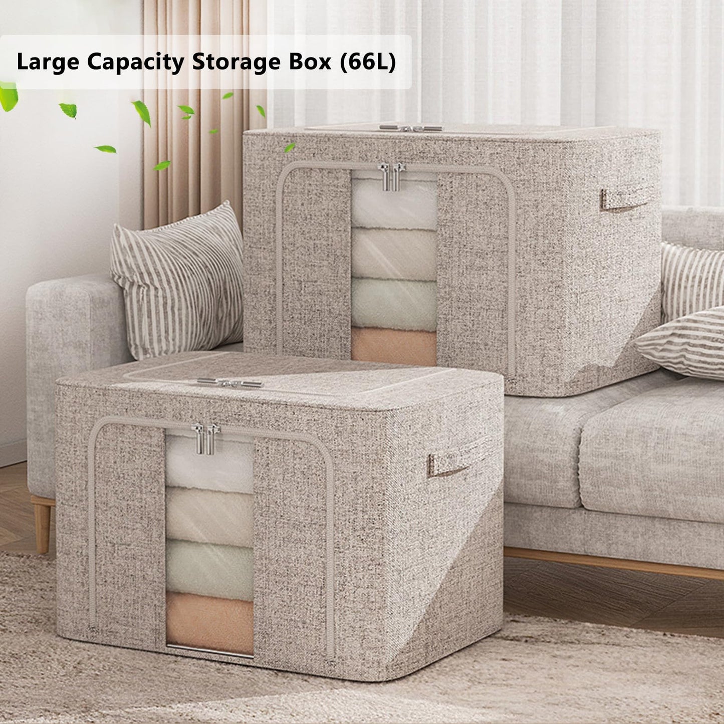 FYTXSZ Clothes Storage Boxes 66L with Metal Frame, Foldable Fabric Storage Bins with Lid and Clear Window