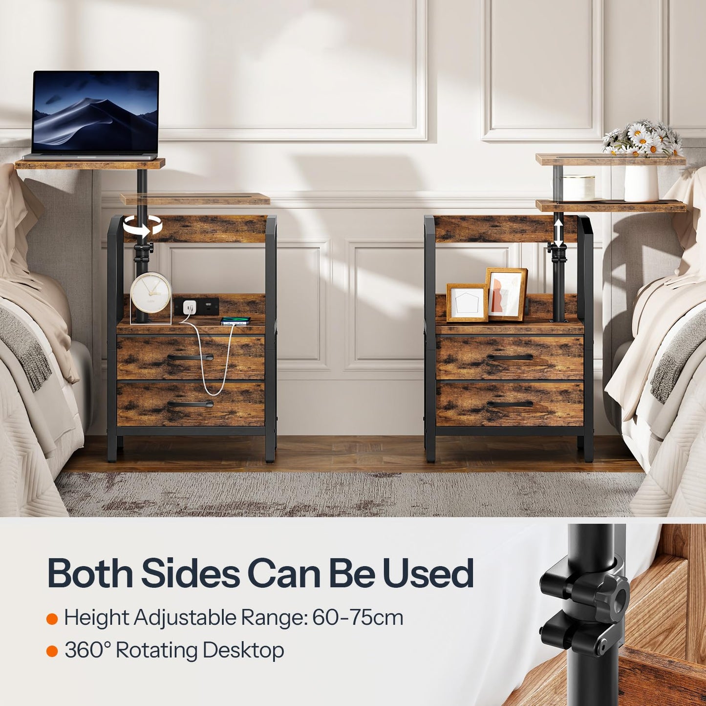 HOOBRO Bedside Table with Charging Station, Swivel Lift Top Nightstand, Height Adjustable, Side Table with 2 Drawers and Tablet Slot