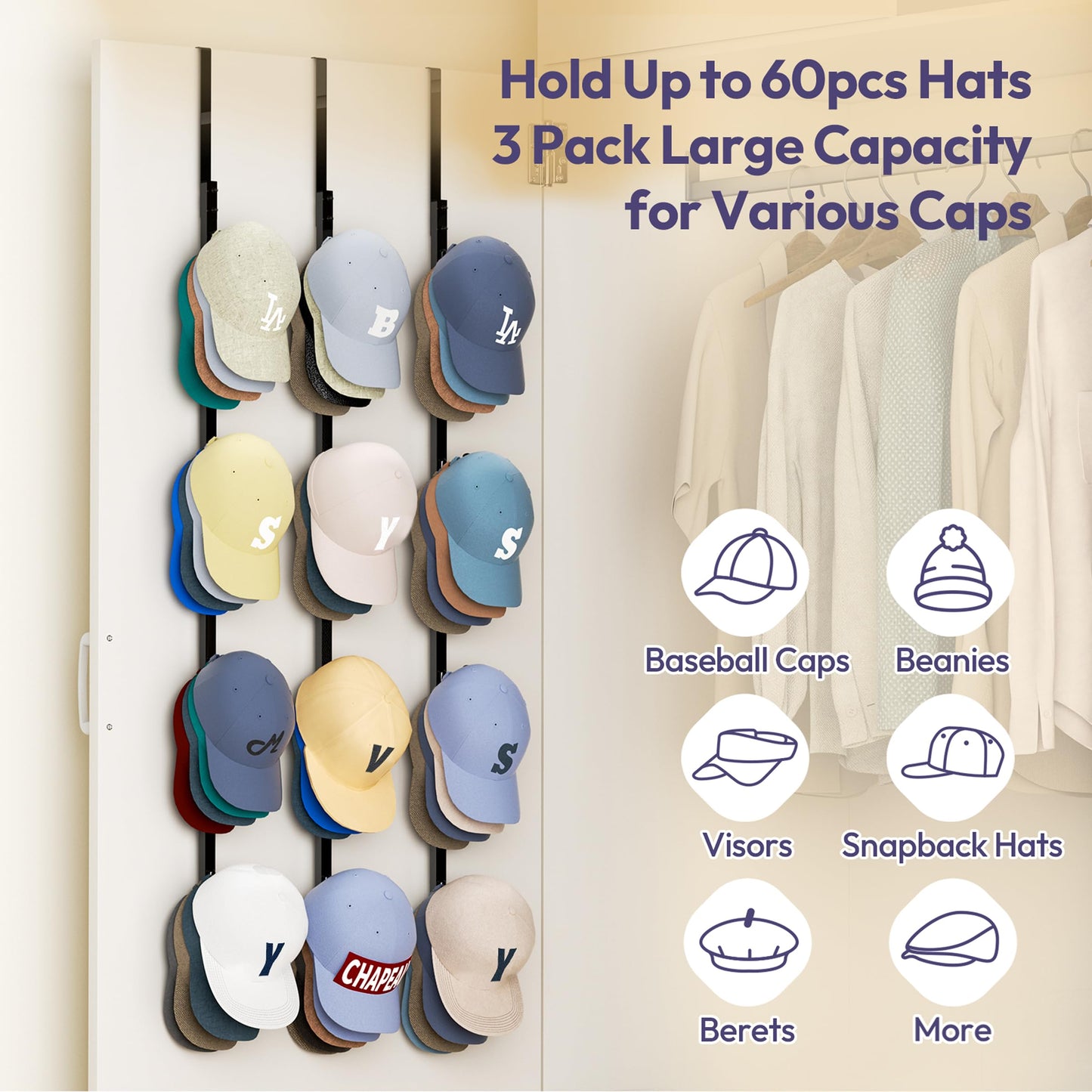 SWTYMIKI 3 Pack Over Door Hat Rack - Metal Baseball Cap Organiser