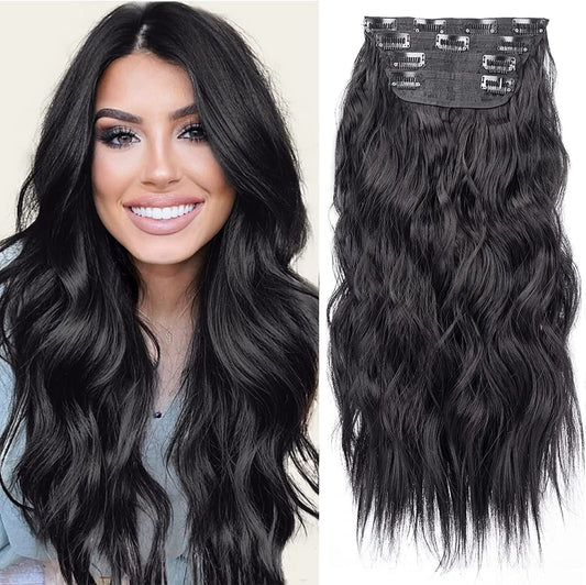 Black Hair Extensions Clip in, 20 Inches Long Synthetic Curly Clip in Hair Extension for Women and Girls (Black, 4Pcs)