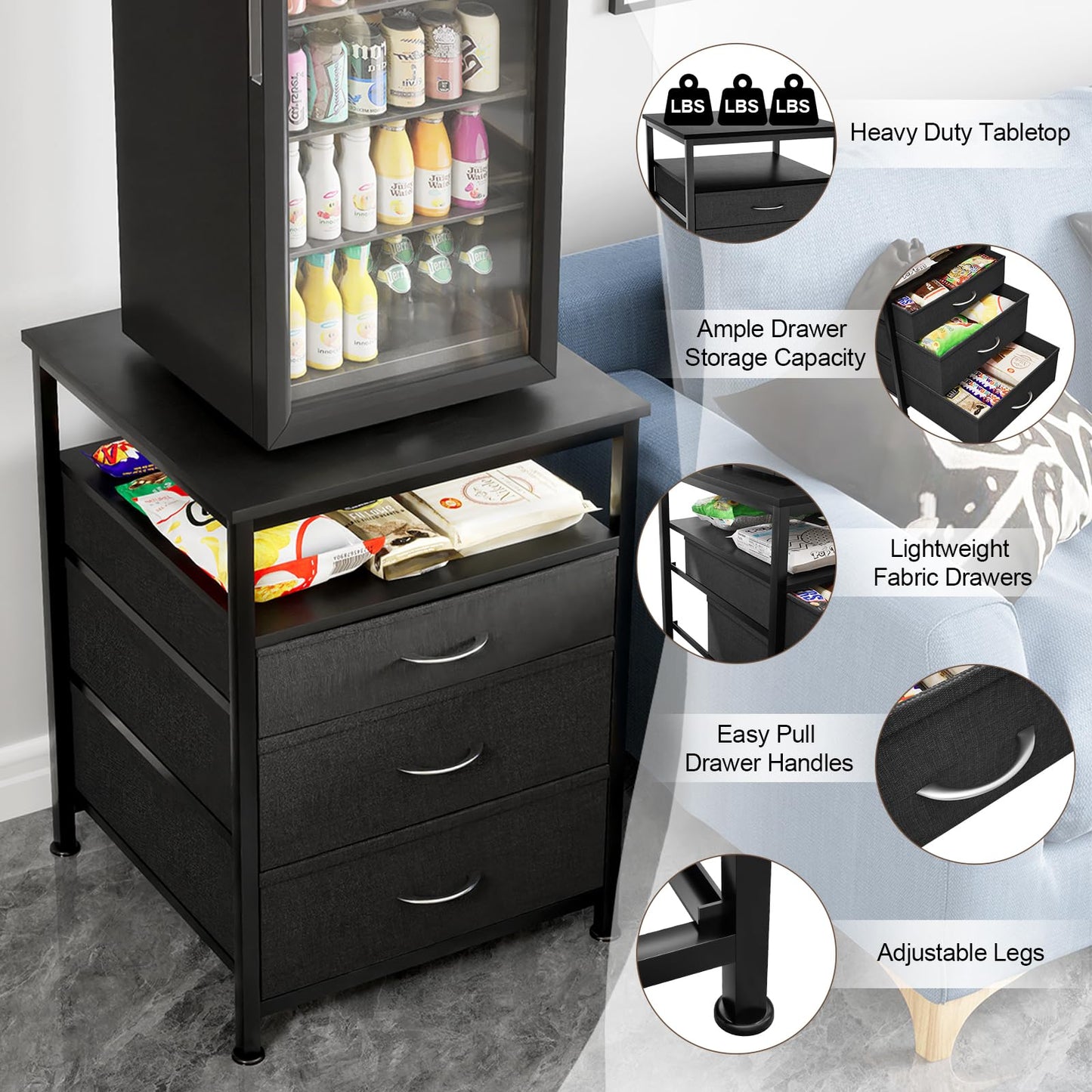 EUNEWR Mini Fridge Stand with Storage, 55 x 55 x 75 cm Mini Fridge Table Heavy Duty with 3 Drawer