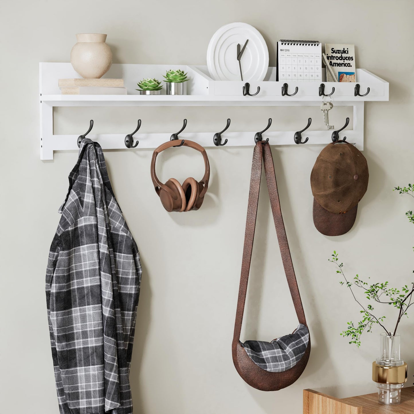 AMBIRD 89cm Wall-Mounted Coat Rack, Extra Long Coat Hooks, Entryway Shelf with 7 Dual and 4 Key Hooks, Mail Organiser, Wooden Wall Coat Rack