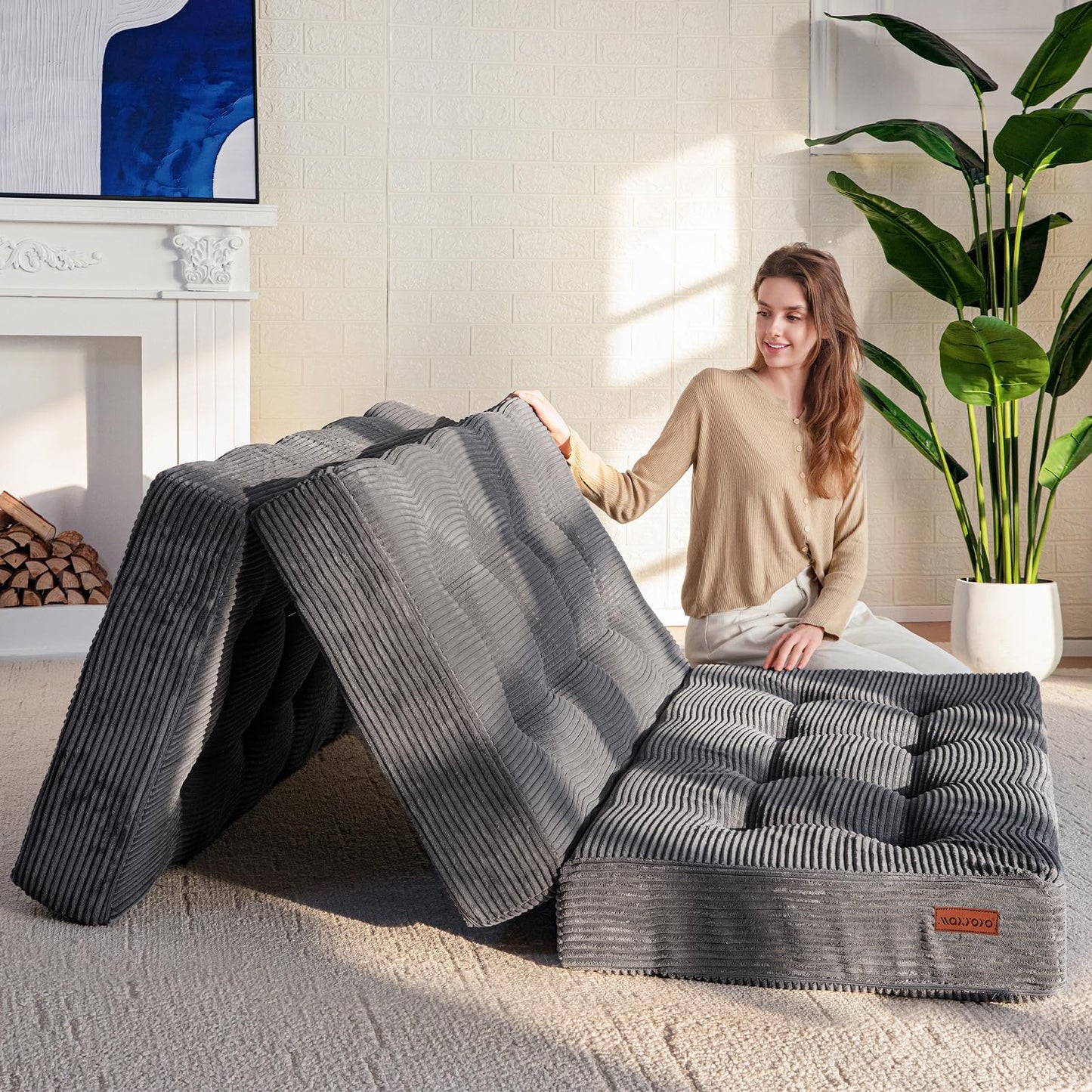 MAXYOYO Folding Mattress, Comfy Corduroy Foldable Mattress with 15cm Thicken Foam, Tri-Fold Floor Futon Sofa Bed for Guest,Dark gray,Double