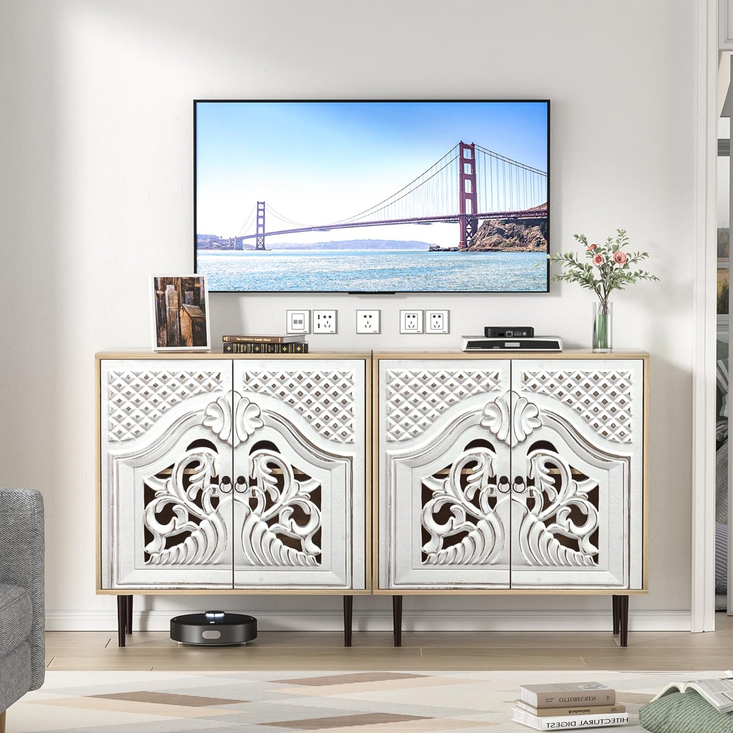 Skokliz Sideboard, Kitchen Sideboard with 2 Doors, Carved Kitchen Cabinet with Adjustable Shelves, Buffet Cabinet for Living Room, Dining Room