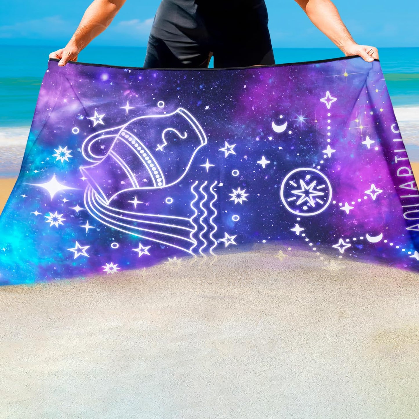 Violetpos Aquarius Zodiac Sign Beach Towel for Astrology Fans, Extra Large 180x90 cm 250GSM Microfibre, Sand Free Quick Dry