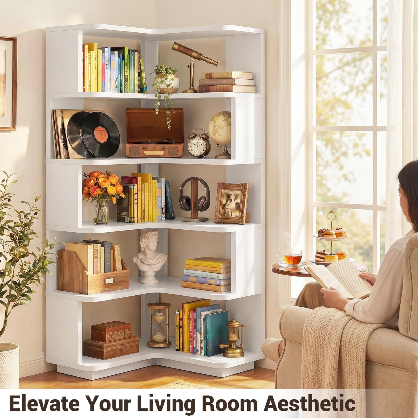 iSunirm 5-Tier Corner Bookshelf, L-Shaped Bookcase, Space-Saving Freestanding Corner Display Shelf Unit for Living Room & Bedroom, 162x60x60cm, White