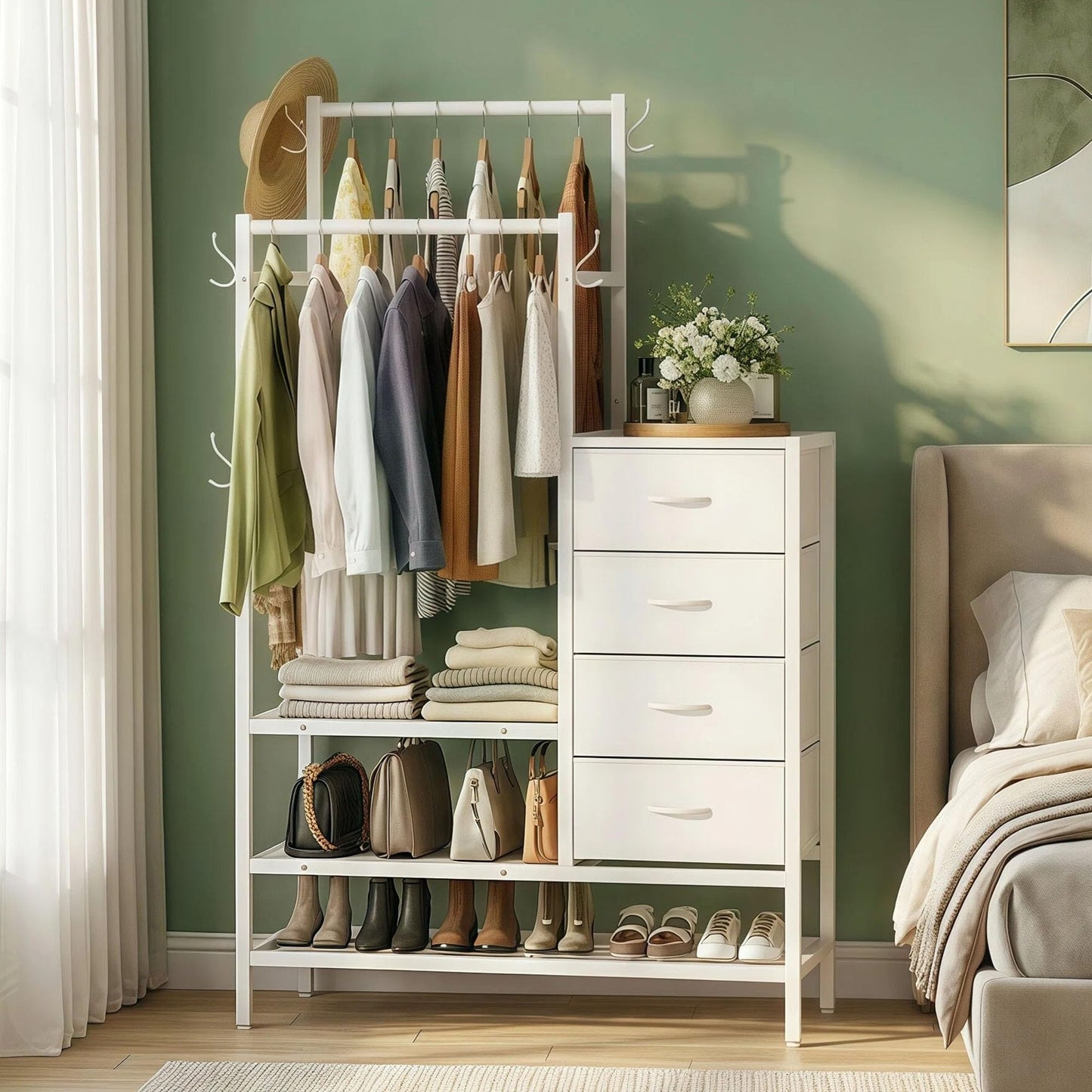 Feonase 3 in 1 Chest of Drawers Bedroom, Including 4 Fabric Drawers, with a 2 Coat Rail and 5 Coat Hooks