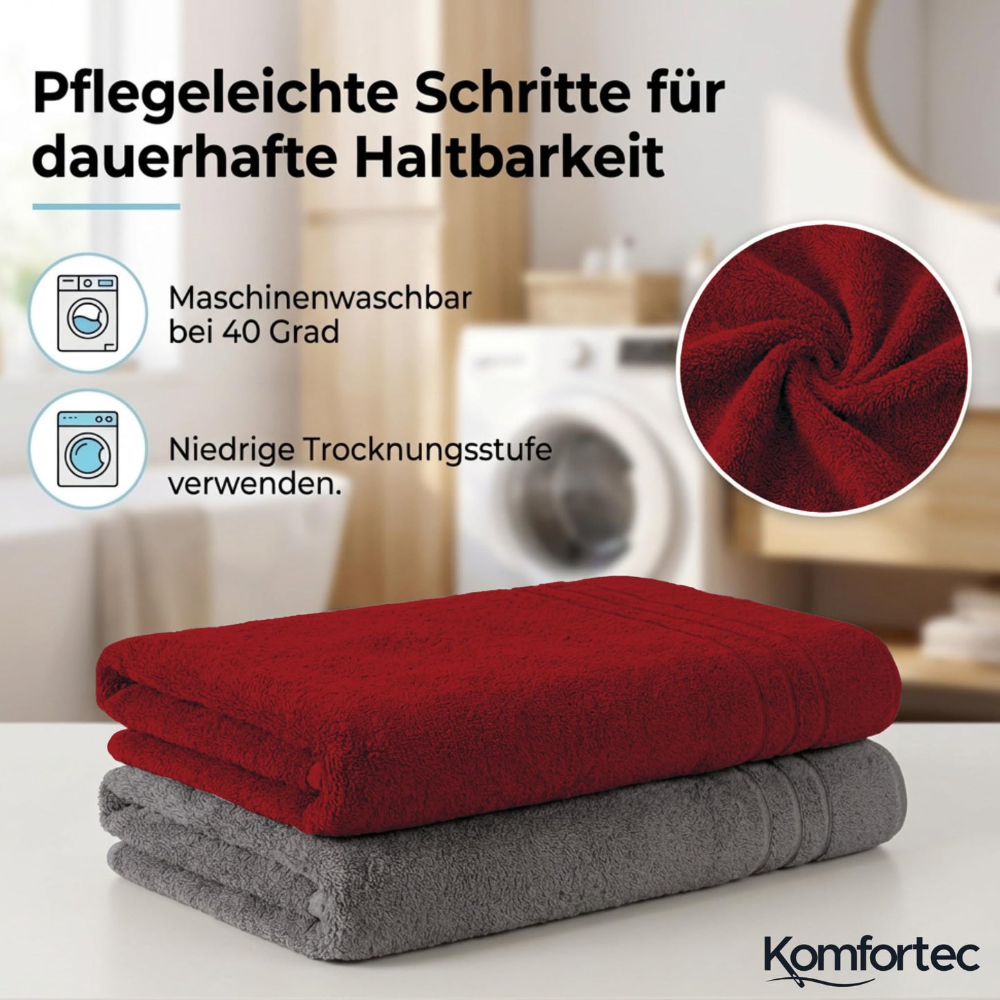 Komfortec Jumbo Bath Towels, 100% Cotton, Quick Dry, 80x200, Grey & Red
