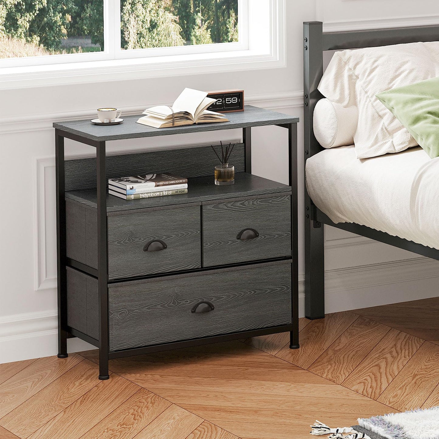 CAIYUN Bedside Table Cabinet with 3 Drawers for Bedroom, Nightstand Sofa Sid with Storage for Living Room, End Table with Metal Frame and Open Shelf