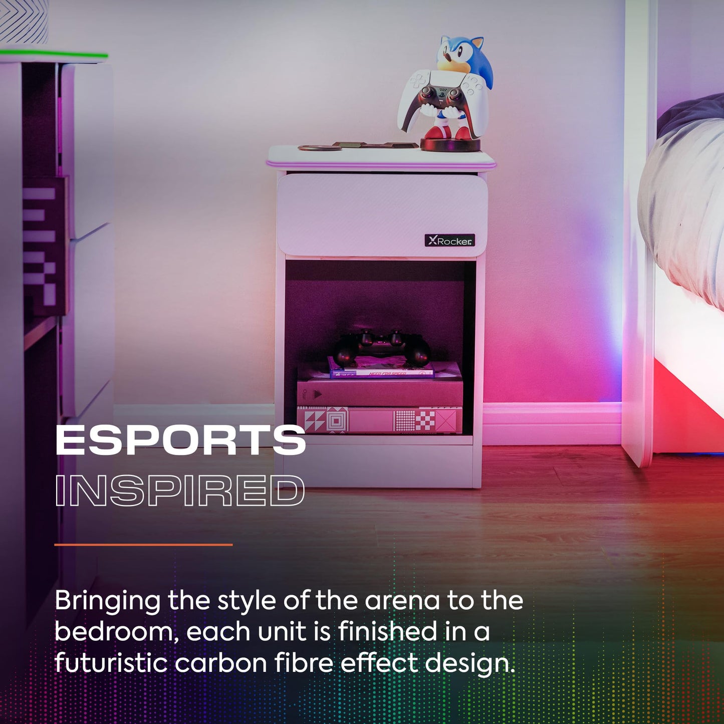 X-Rocker Carbon-Tek 36cm Width, RGB LED Bedside Table & Drawer - Neo Fibre Lighting, Wireless Charging, Storage Shelf