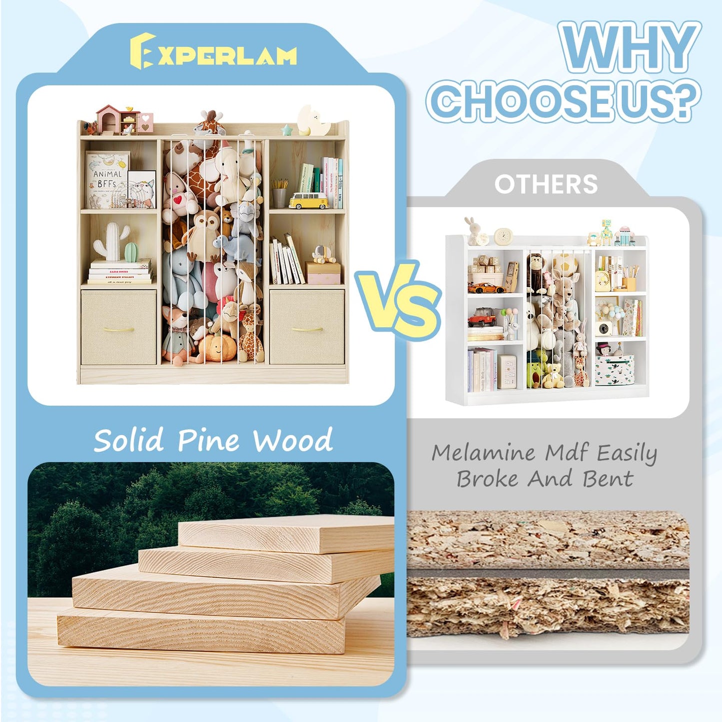 EXPERLAM Toy Storage Organizer with Stuffed Animal Storage, Wooden Toy Organizer & Stuffed Animal Zoo, 6 Cubes Shelf with Removable Drawers