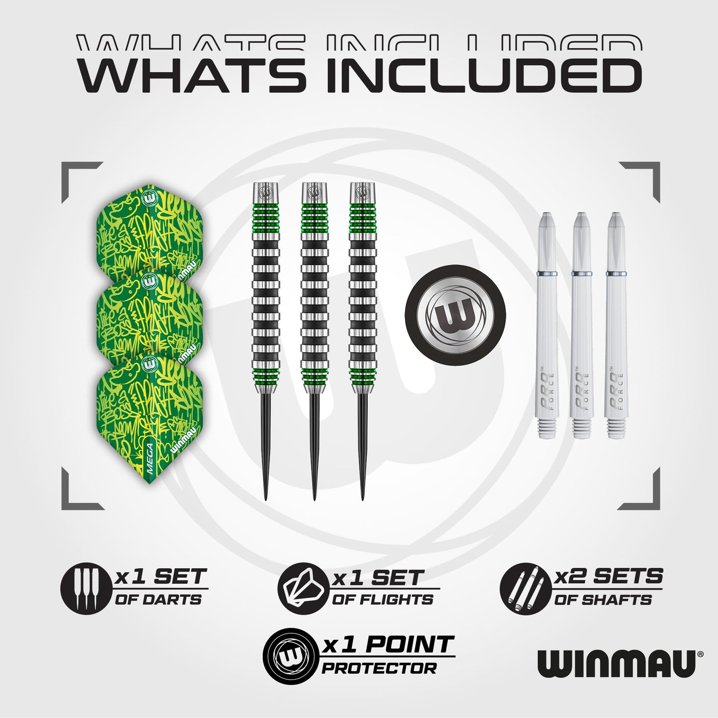 WINMAU Advance 500 Series Tungsten Green 24 Gram Steeltip Darts Set with Flights and Shafts (Stems)