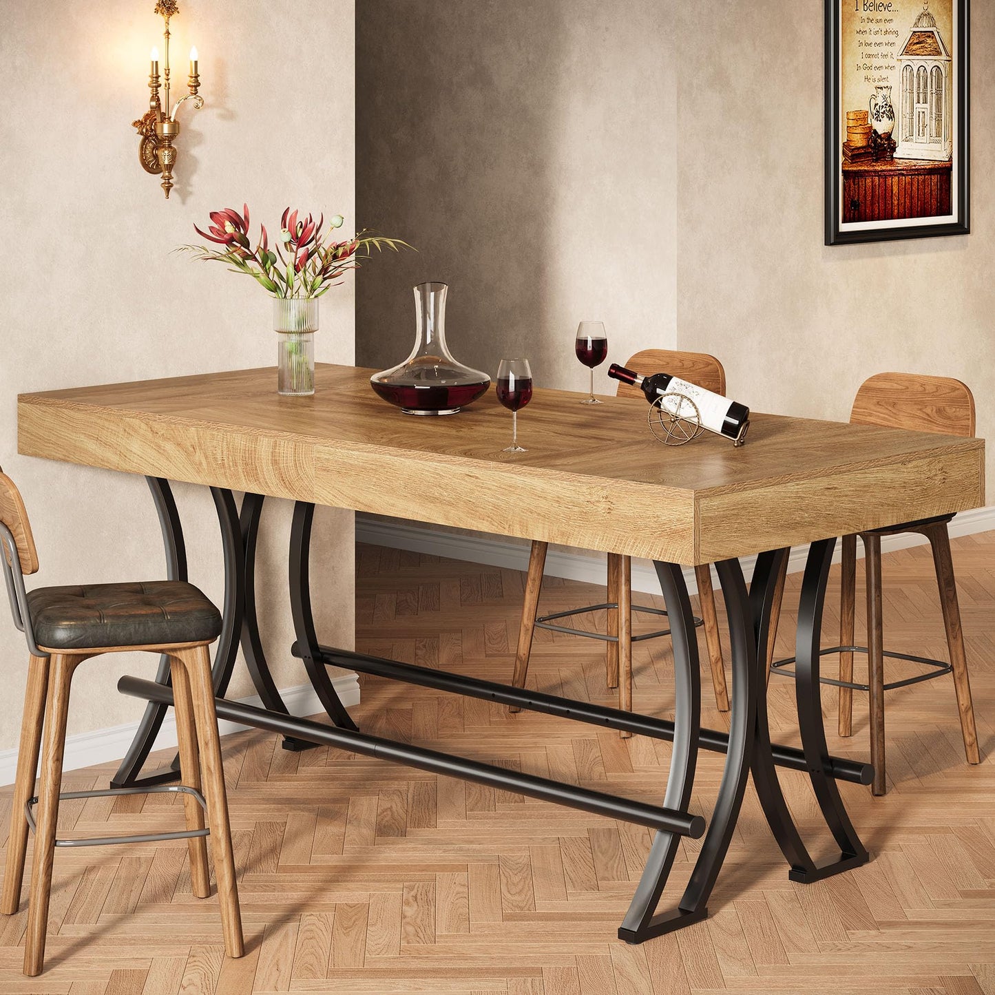 Tribesigns 90CM Tall Bar Pub Table with Metal Footrest,160CM Rectangular Counter Height Kitchen Dining Table