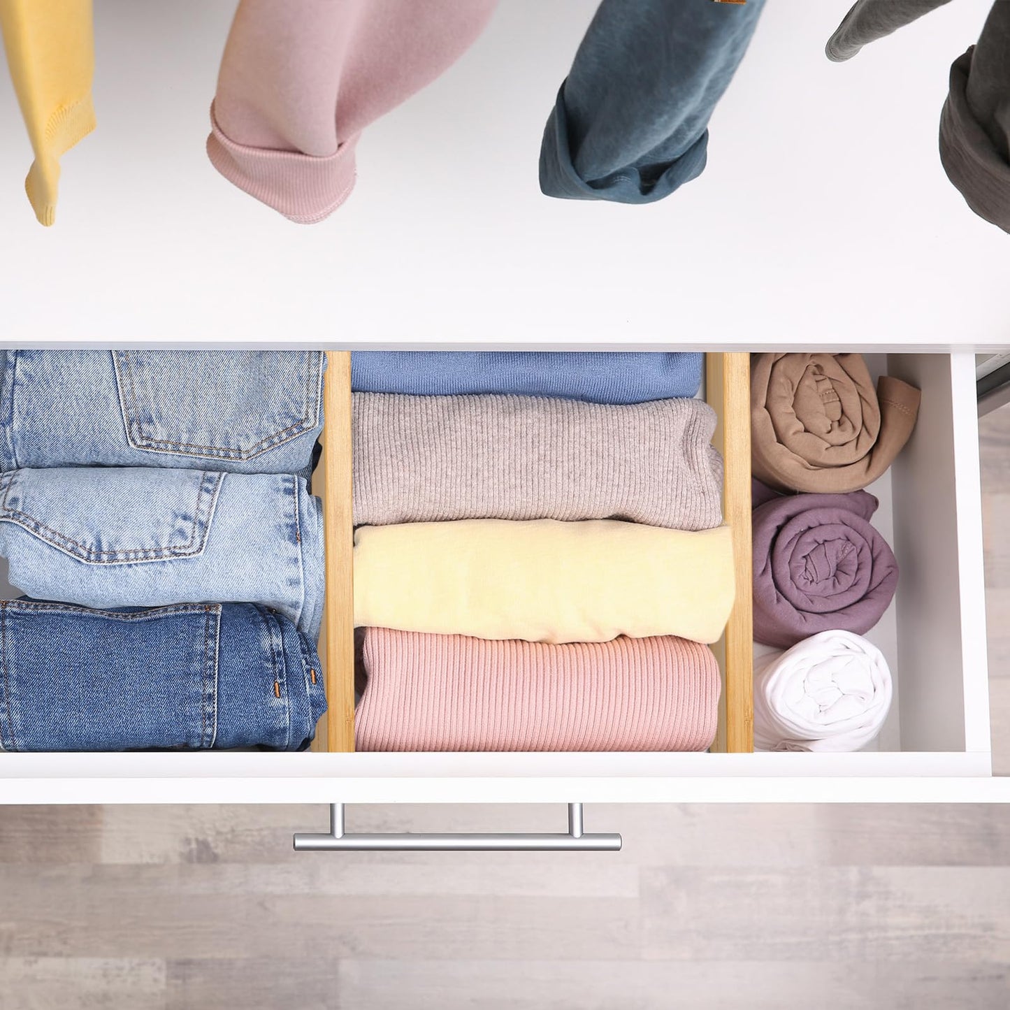 Dresser Drawer Organizers 6 Pack, 4.65'' High Adjustable from 12-17.5‘’ Bamboo Drawer Dividers for Clothing Baby Clothes
