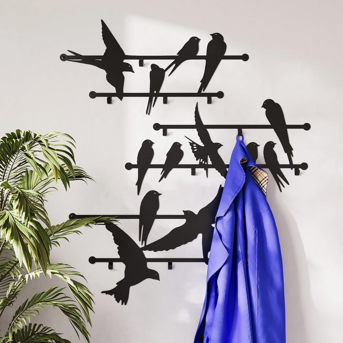 Entrance Coat Rack 3pcs Metal 2mm Wall Design Mounted Birds 23x40 Inches - Heavy Duty Hallway Hanger Hooks for Kids and Adults
