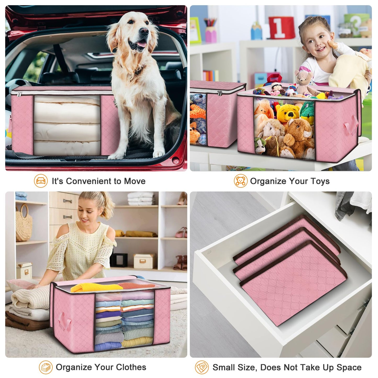 Budding Joy 90L Storage Bags, Large Clothes Storage Boxes with Zips Pink
