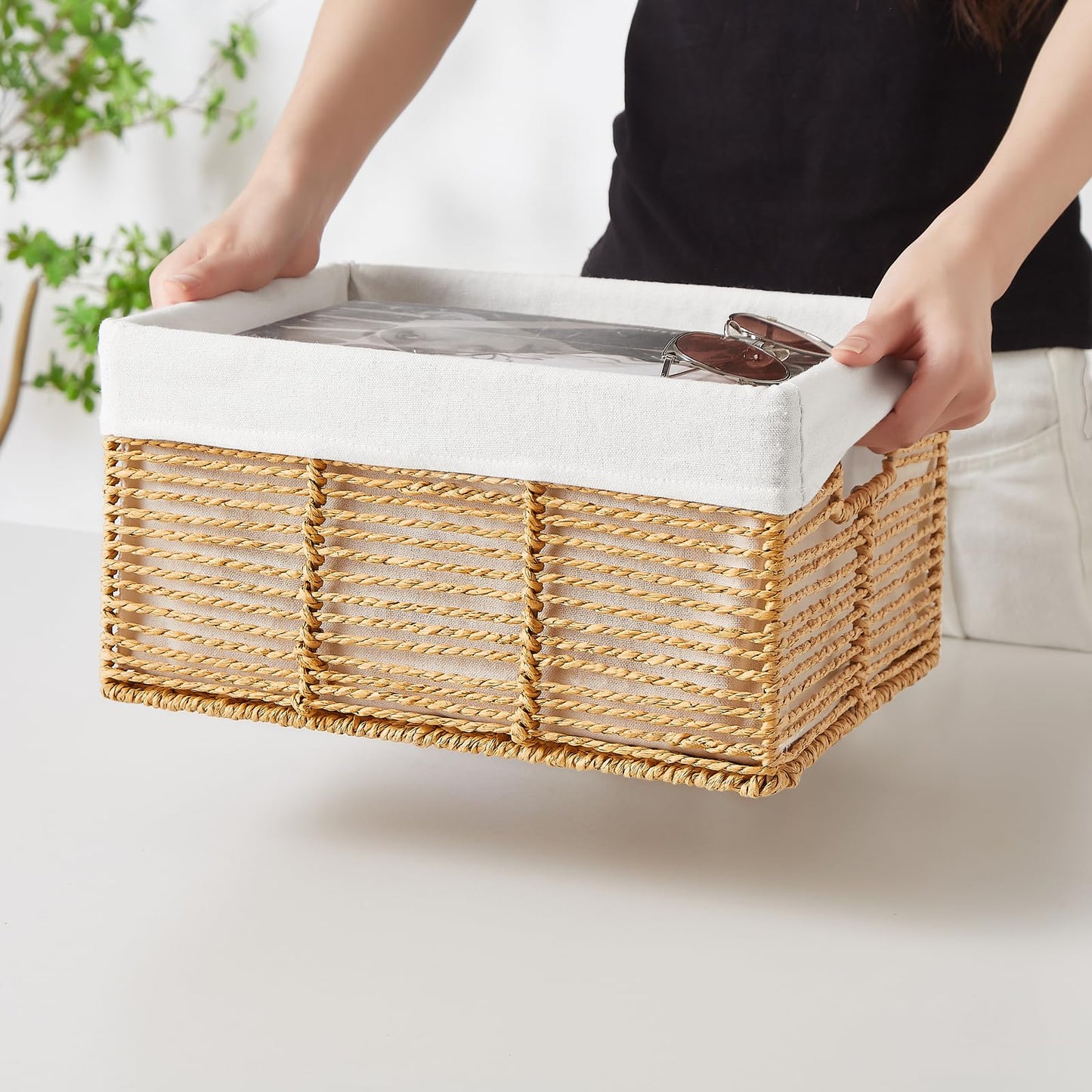 Vagusicc Wicker Storage Basket, Set of 6 Hand-Woven Display Hamper Basket with Handle, Wicker Basket for Shelves Closet