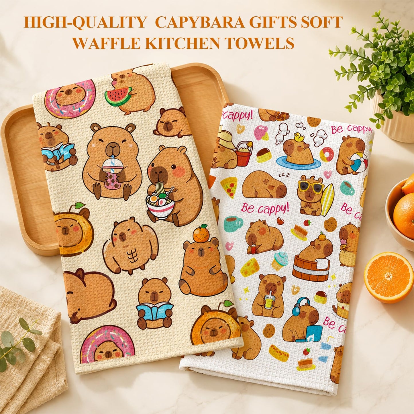 Vexilon 2 Pcs Capybara Kitchen Towels, Soft Absorbent Waffle Dish Cloths