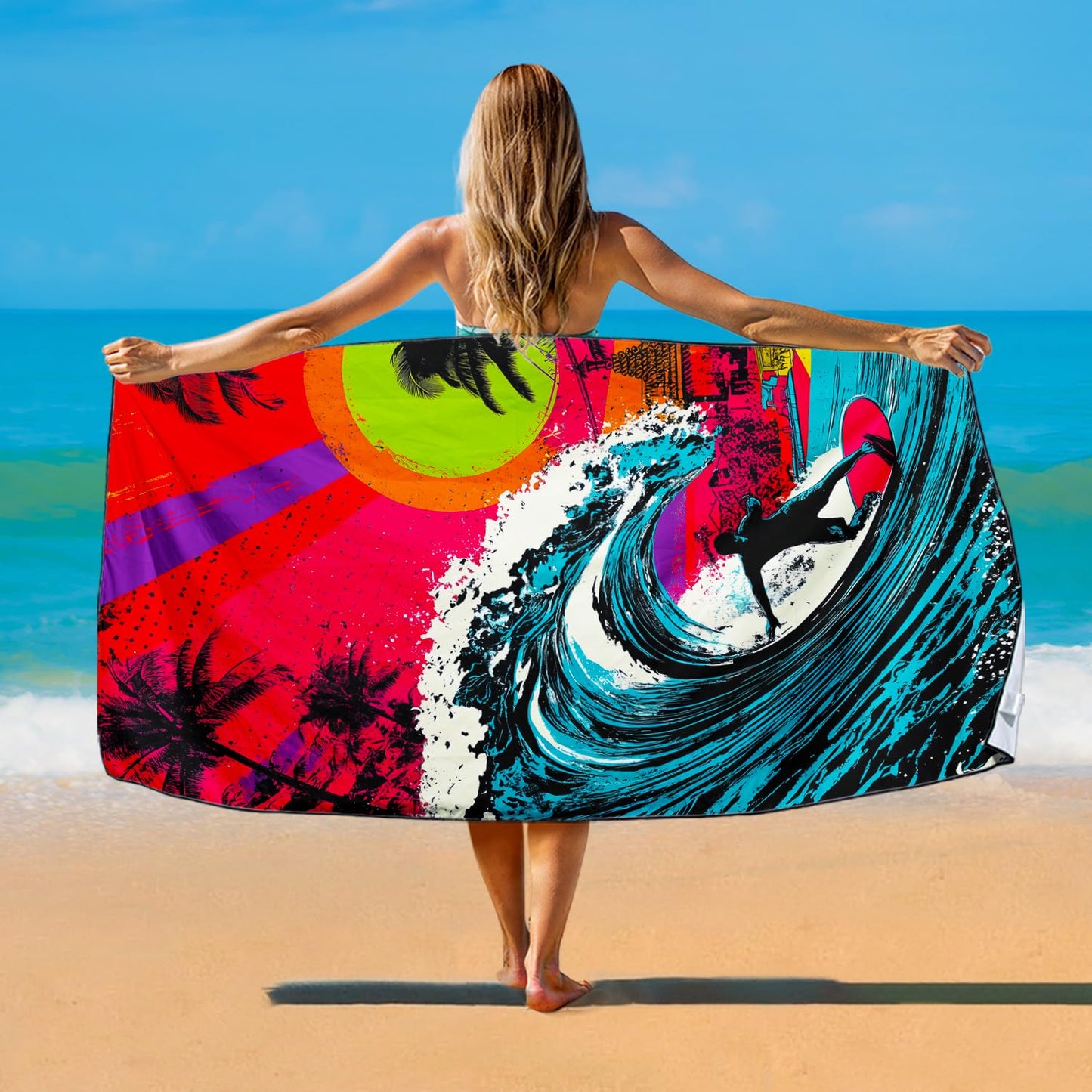 Violetpos Neon Surfer Beach Towel, Extra Large 180x90 cm 250GSM Microfibre, Sand Free Quick Dry