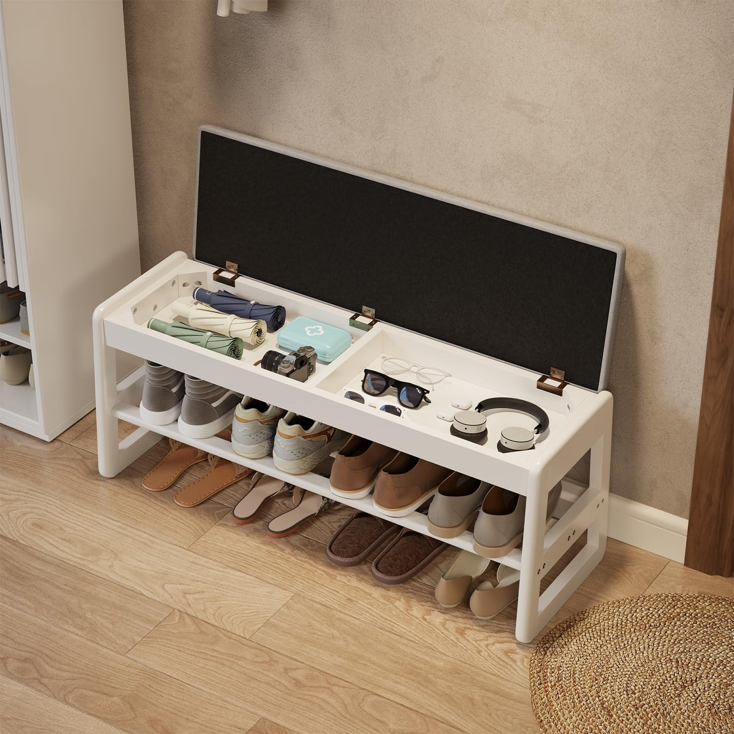 AQIMUELE Small Shoe Bench with Cushion, Shoe Bench Storage with Seat, Wooden Shoe Rack 2-Tier, Hidden Flip-Top Seat, for Hallway, Entryway