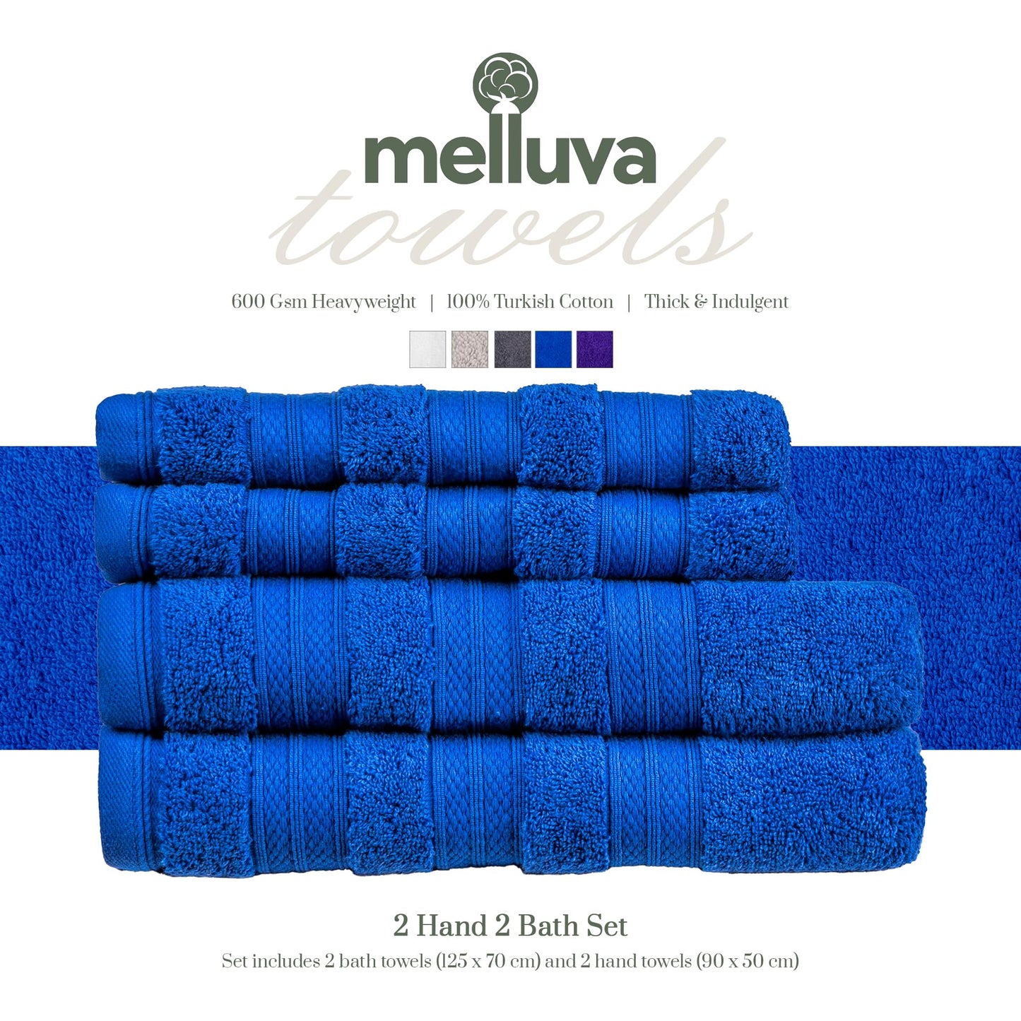 MELLUVA Large Bath Towels | Set of 4 | 100% Turkish Cotton | Highly Absorbent 600GSM | Soft Plush Luxury Towel Set | 2 Bath Towels 2 Hand Towels