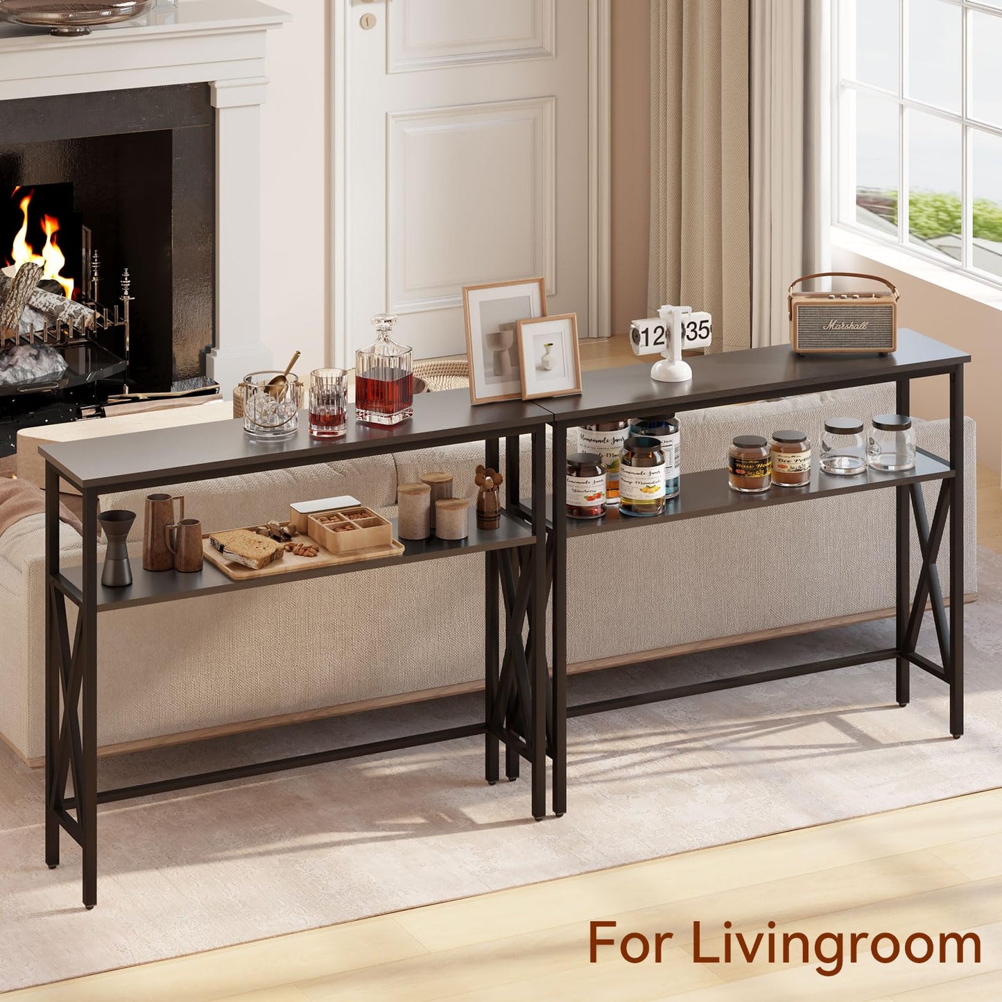YMYNY Console Table Narrow Sofa Table with Shelves Black HST007B
