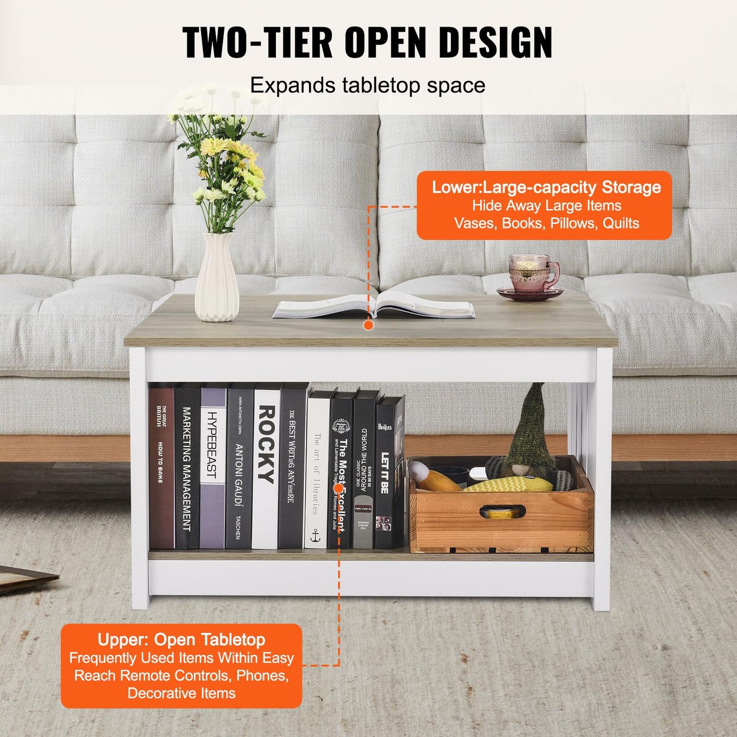 VEVOR 31.5" Farmhouse Coffee Table, Square Coffee Table with Open Storage Compartment, Wooden Rustic Cocktail for Living Room, Bedroom, Apartment