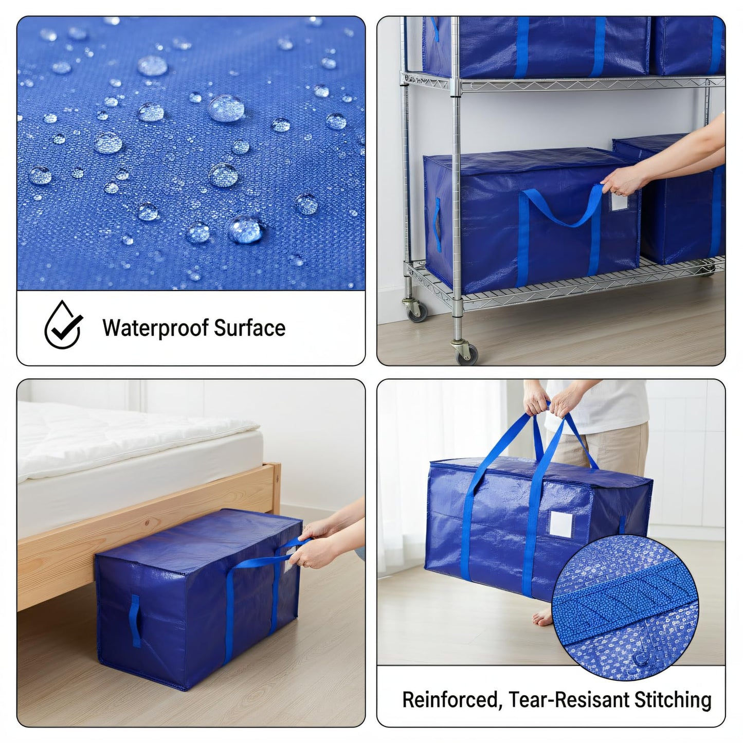 Snugkin Large Storage Bags 4 Pack 91L Moving Bags with Zips & Handles Heavy Duty Storage Boxes with Lids Water-Resistant Packing Bags for Home