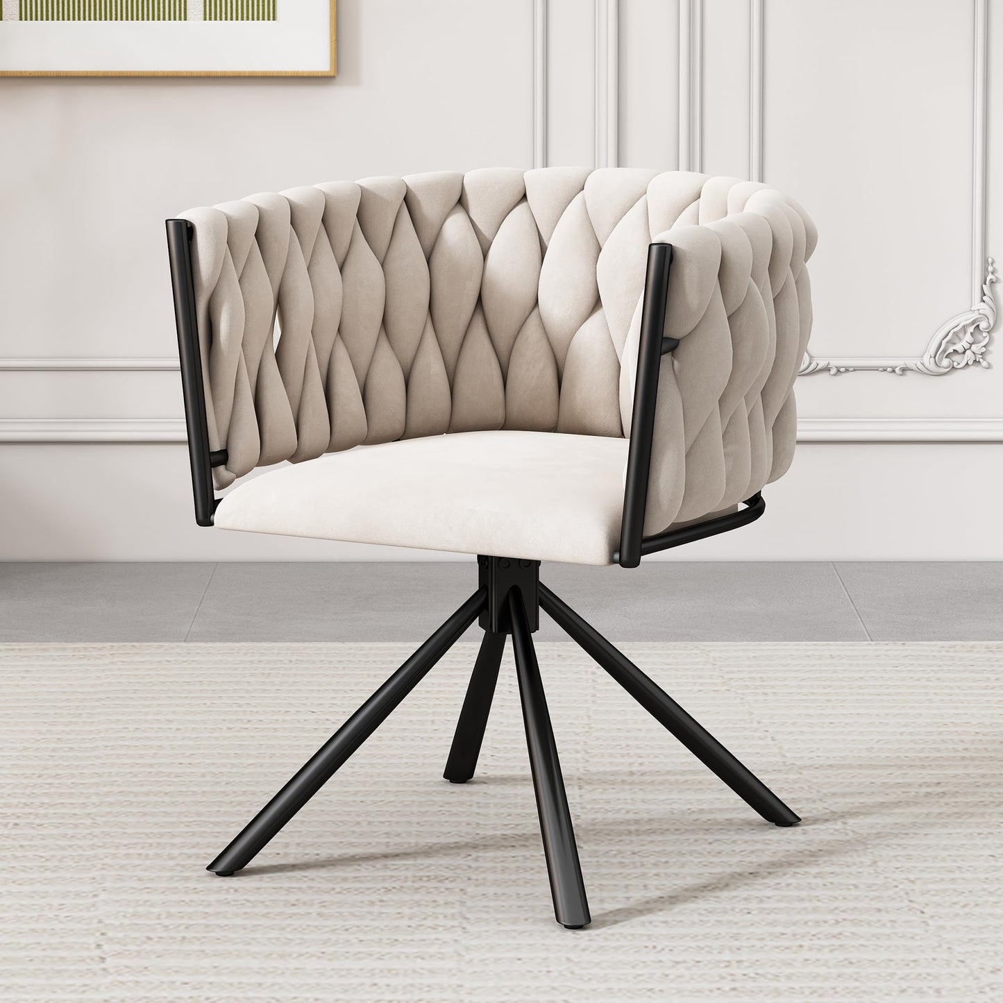 Ball & Cast 360° Swivel Dining Chair, Velvet Upholstered Desk Chairs without Wheels Ergonomic Office Chair with Arms and Metal Legs for Home Study