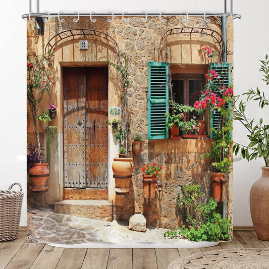 Hnmdmyi 3D Shower Curtain 180x220, Garden Flowers Scenery Street Alley Vintage Look Stone Wall with Door Bathroom Curtains with Hooks Waterproof