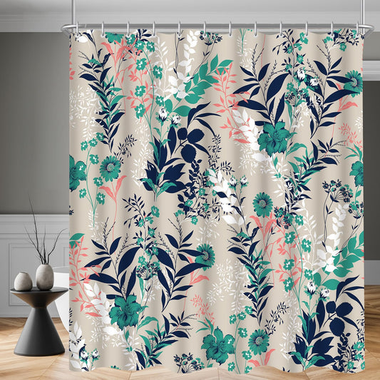 Lerores Shower Curtain, 120 x 200 cm, Blue Grass Flower Motif, Weighted Hem, Anti-Mould, Water-Repellent, Washable Polyester Bath Curtains with 12