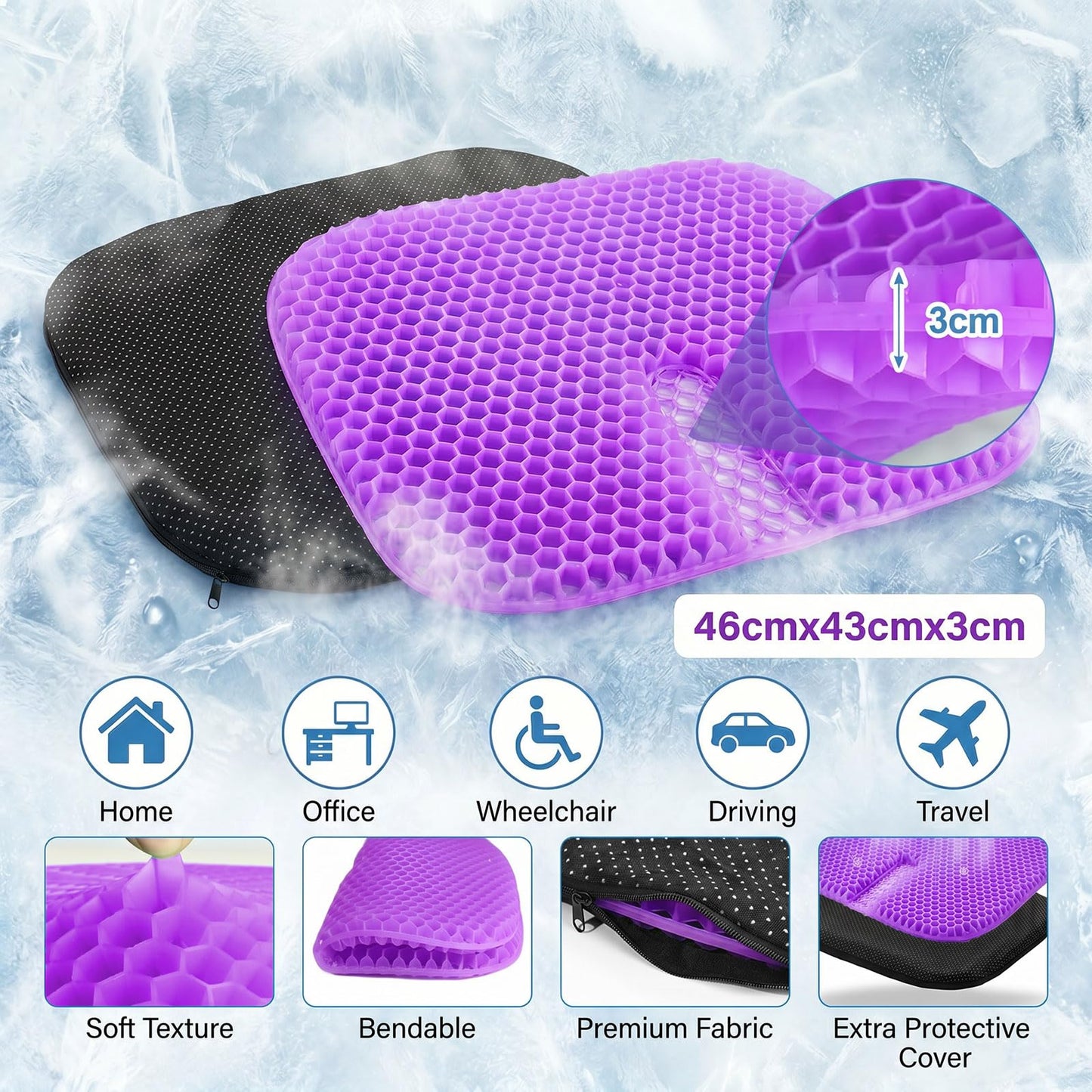 Gel Seat Cushion - Soft Sitter Honeycomb Cushion with Non-Slip Cover Large Gel Cushion with Relieving Back Coccyx Pain Pressure Cool Seat Pads for