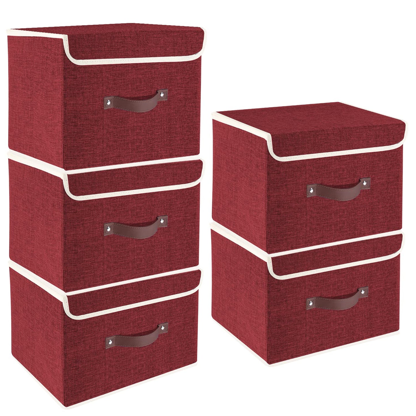 TYEERS Collapsible Storage Box with Lid, Fabric Storage Box for Clothes, Wardrobe Storage, 38x25x25 cm, Set of 5, Red Wine