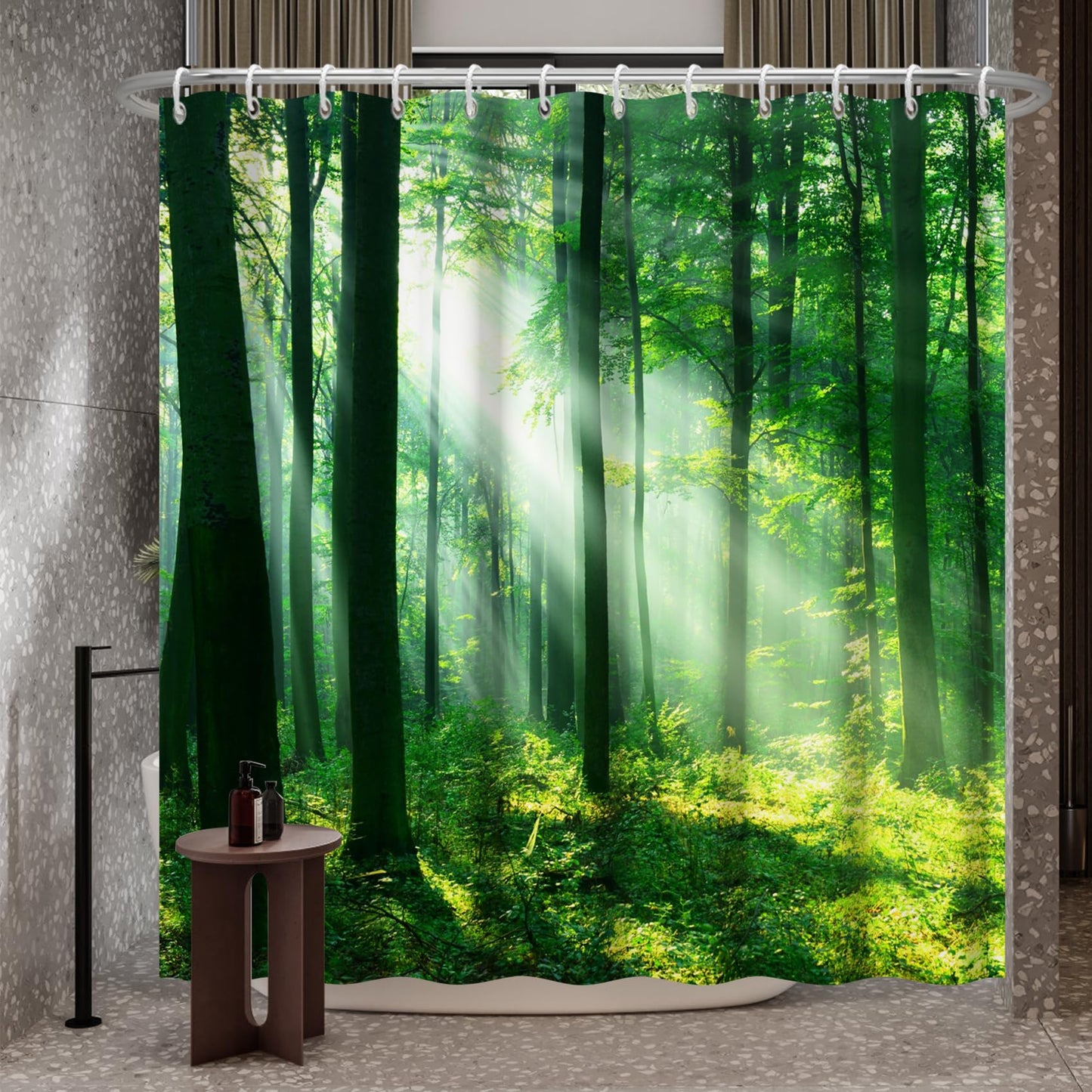 Bovlleetd 60x72inch Morning Forest Sunlight Bathroom Curtain 3D Printing Forest Scenery Natural Shower Curtain Green Woodland Waterproof Bath Curtain