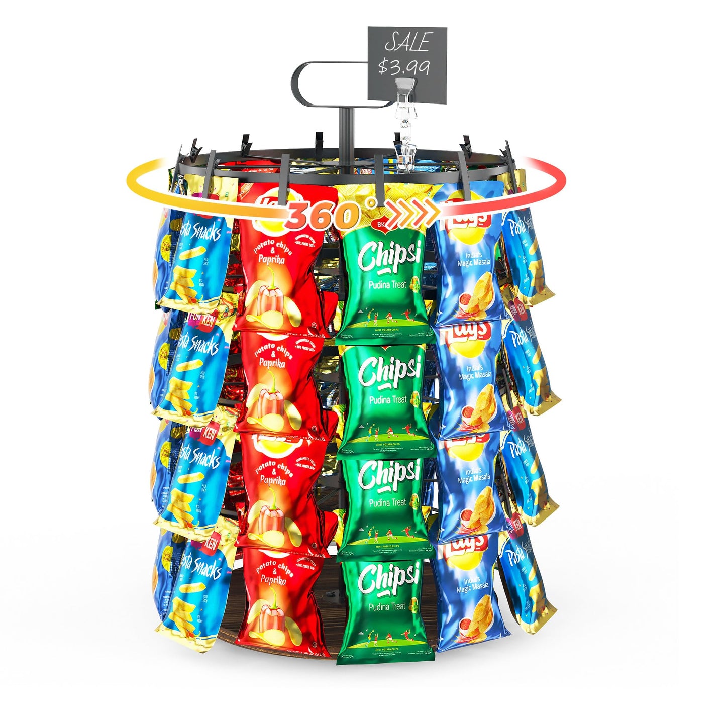 Simaixing 4 Tier Rotating Chip Rack Display Stand with 48 Clips, Countertop Chip Bag Holder with Wooden Base