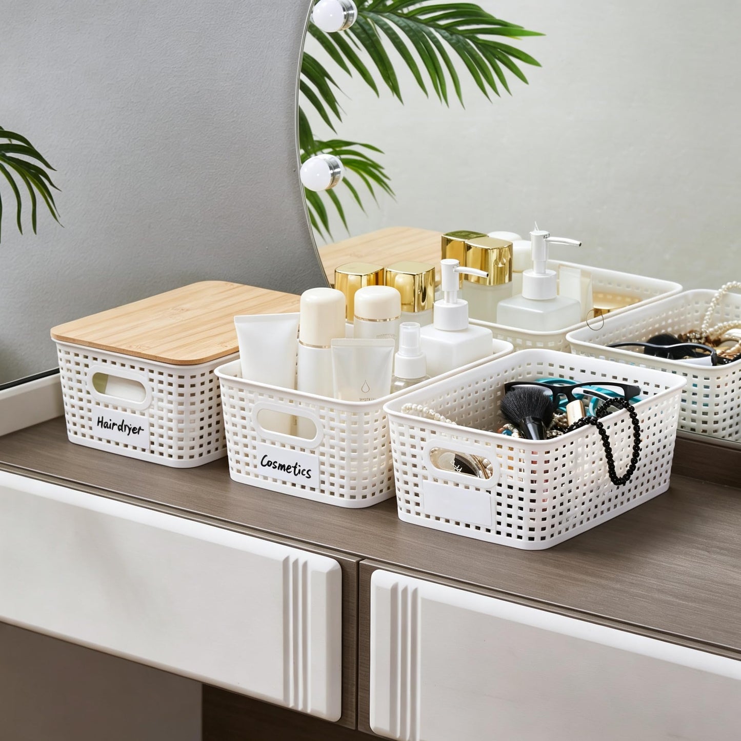 Mangata 6 Pack Storage Boxes with Bamboo Lid, Stackable Storage Baskets White