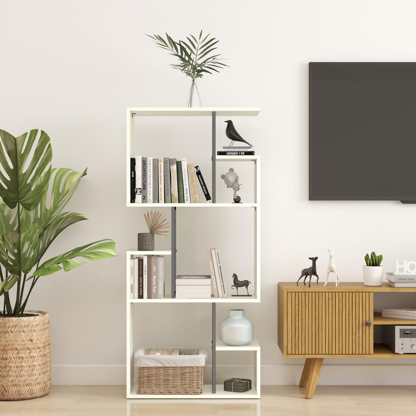 Manora White Bookcase 3 Tier Slim Freestanding Room Divider Shelves