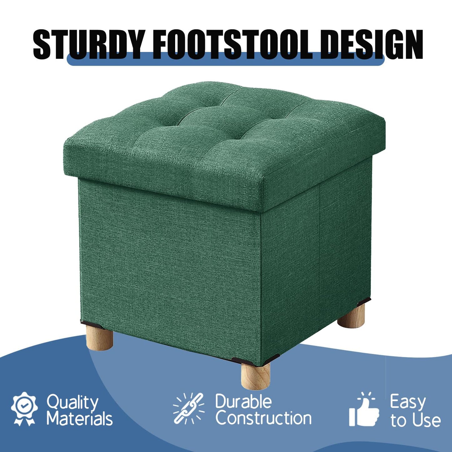 BRIAN & DANY Folding Storage Ottoman with Wood Legs, Linen Foot Stool, Storage Chest with Highly Elastic Sponge Filling, Dark Green, 38 x 38 x 38 cm
