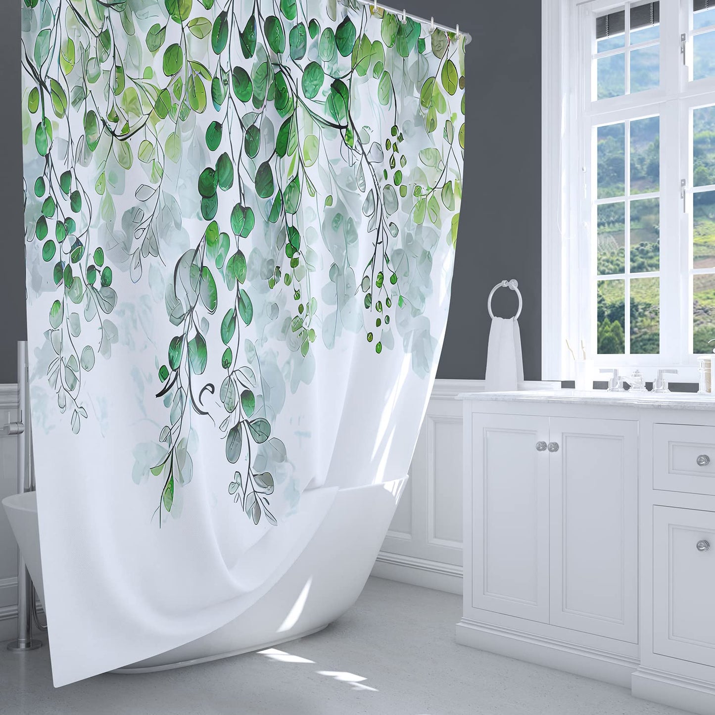 LIVETTY Shower Curtain 180×180cm Plant Bathroom Decoration Leaves Shower Curtains Mould Proof Floral Shower Curtain Fabric Bathroom Curtain with 12