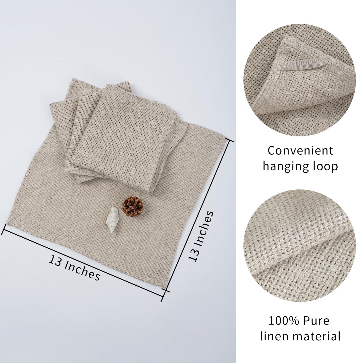 HSOFTIFY 100% Linen Face Cloth for Washing 4 Pack with Hanging Loop, Nature