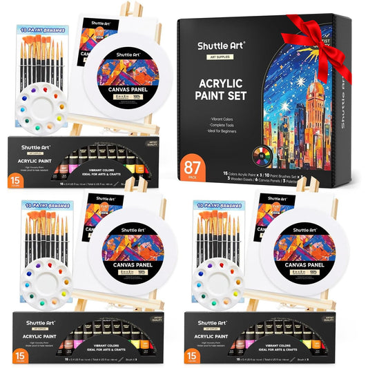 Shuttle Art 87 Pack Acrylic Paints Set, Canvas Painting Set with 3 Pack of 15 Colours Acrylic Paint, 3 Sets of Wooden Easels, Canvas, Brushes &