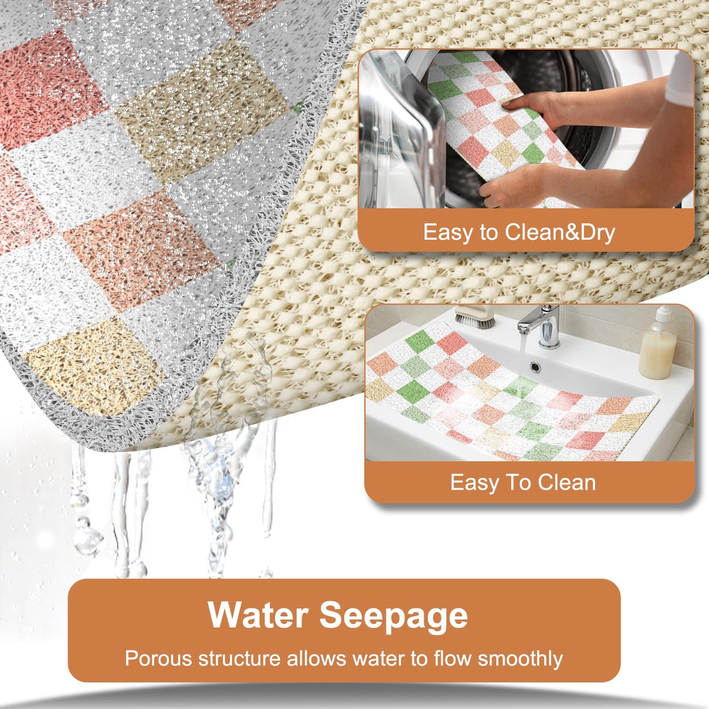 BLESWIN Large Shower Mat Non Slip 50x80CM, Checkered Shower Quick Dry Mats with Drain Hole, Antibacterial PVC Bath Mat for Inside Shower