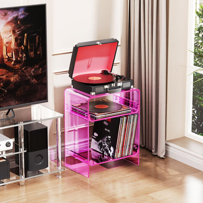 Acrylic Record Player Table with Storage Shelf, Clear Side Table, Nightstand Pink, 45×30×58 cm, Acrylic