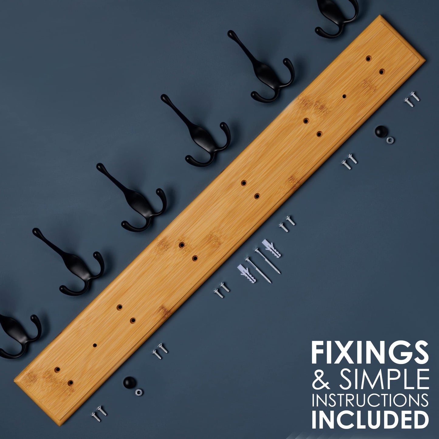 LARHN Wooden Wall-Mounted Coat Rack - 6 Black Coat Hooks, 59cm