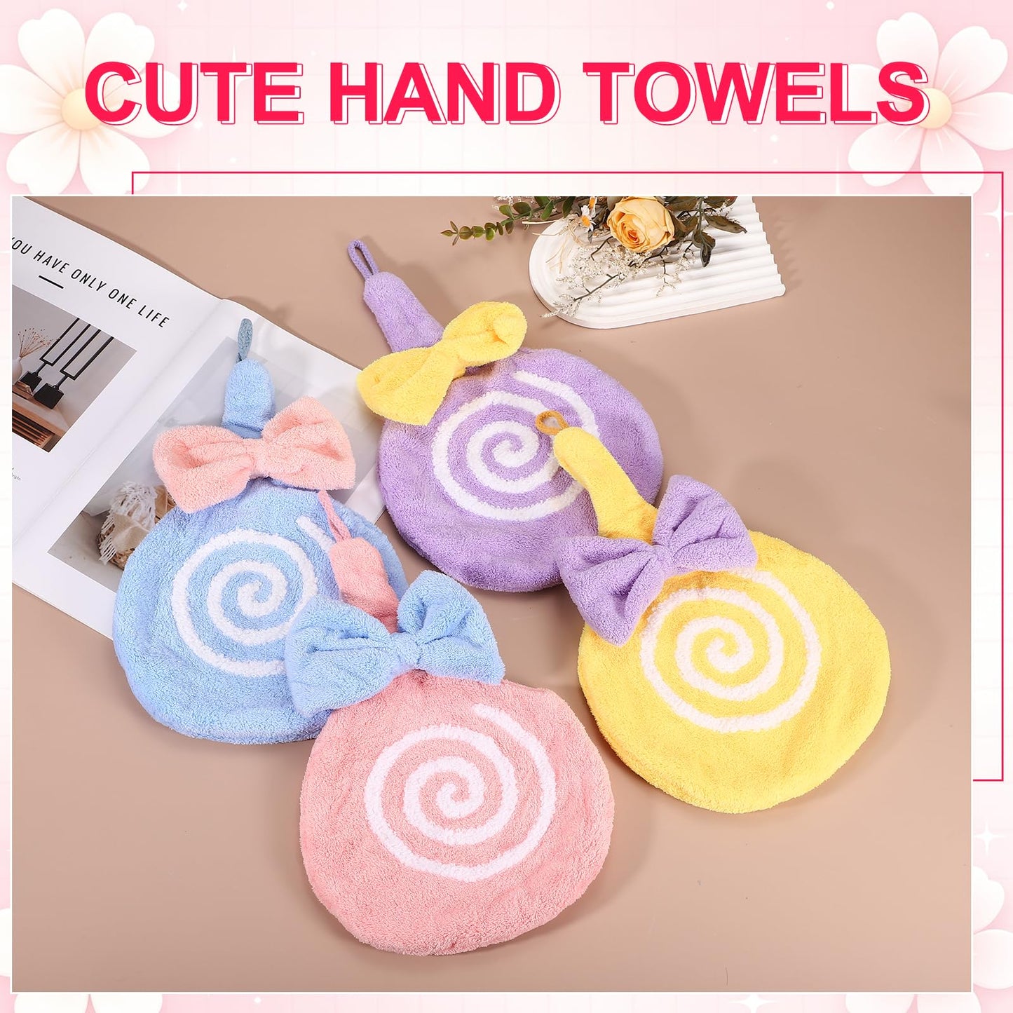 sourcing map 2 Pcs Cute Hand Towels, Soft Coral Hanging Hand Towel with Hanging Loop, Lollipop Pattern, Highly Absorbent